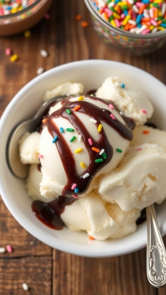 A bowl of vanilla ice cream with chocolate syrup and sprinkles on a wooden table.